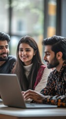 Indian young businesspeople using laptop in group meeting at desk, Generative AI