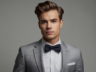 portrait of a man, Close-up photo of a handsome young white American groom wearing a grey wedding suit and bow tie, Handsome elegant man with bow tie on grey background, 