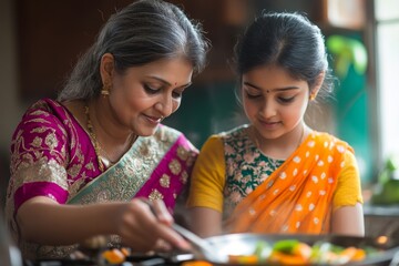 Fototapeta premium Indian mother daughter cooking in kitchen, Generative AI