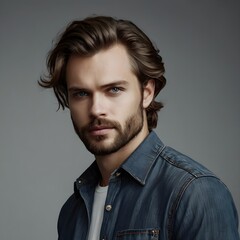 Obraz premium young man with wavy hair and serious expression wearing a denim shirt, great for casual fashion or thoughtful themes