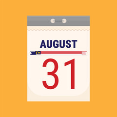 August 31 tear-off calendar. Independence Day of Malaysia, Hari Merdeka Day. Simple calendar illustration isolated on orange background. Flat style