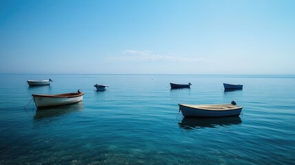 Fototapeta premium A calm blue sea with small boats floating peacefully near the shore.