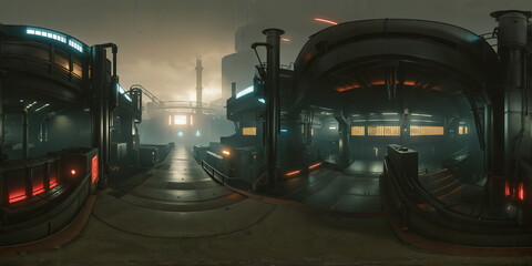 Fototapeta premium Full 360 degrees seamless spherical panorama HDRI equirectangular projection of dystopian cyberpunk steampunk street. Texture environment map for lighting and reflection source rendering 3d scenes. 