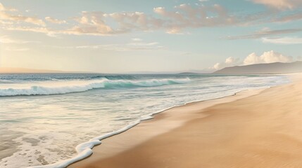 Golden Hour Beach: Tranquil beach scene with golden sand and clear turquoise water, bathed in soft, golden light as the sun sets on the horizon. The gentle waves create a sense of serenity and peace