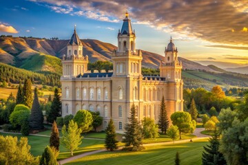 Obraz premium Sерene morning scene featuring the historic Manti Utah Temple glowing in warm golden sunlight surrounded by lush green landscapes and mountains.