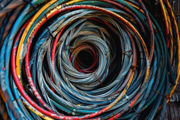 Electrical cable coiled on metal background