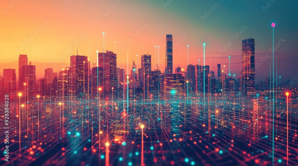 Poster a city skyline with digital data streams representing internet connectivity and smart city technolog