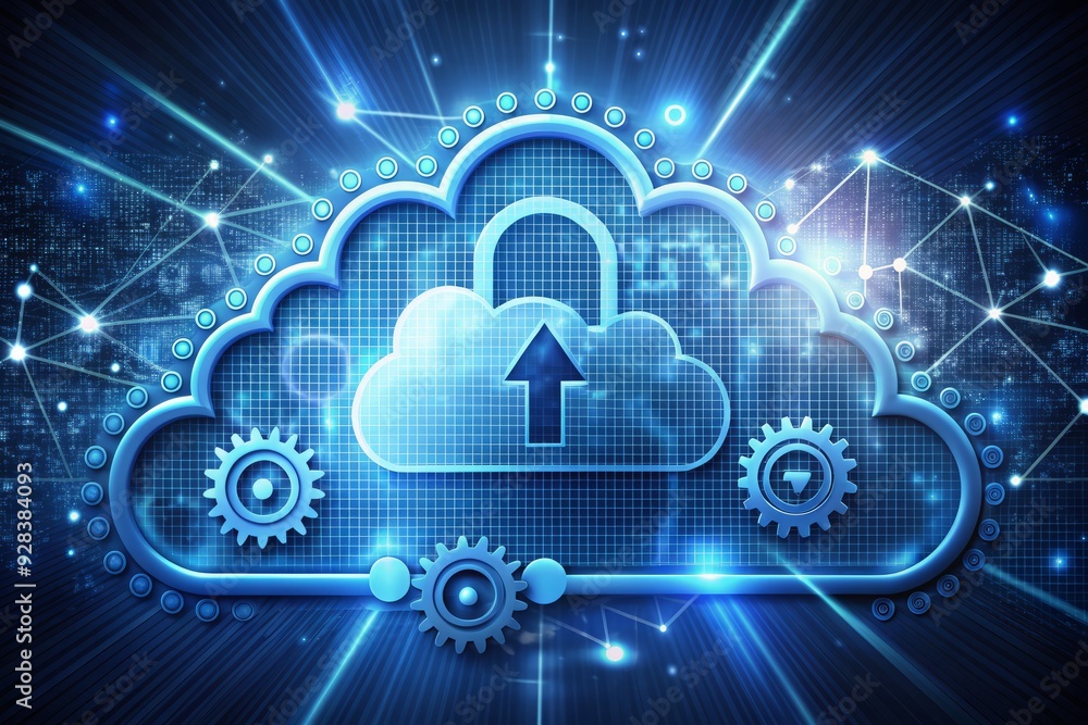 Poster secure file transfer concept featuring a stylized cloud with padlock, arrows, and gears, representin