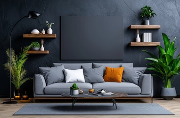 Living room interior with sofa and plant decorative