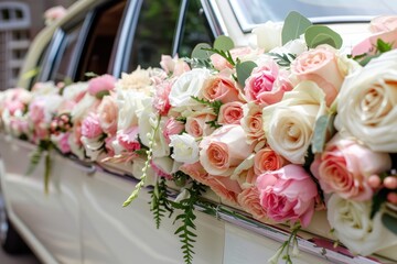 Obraz premium Elegant wedding car adorned with flowers emphasizing the wedding theme