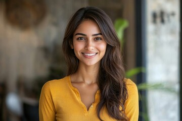 Happy successful Indian woman standing in casual outfit, confident, smiling pleased at camera, Generative AI