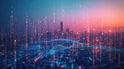 A city skyline with digital data streams representing internet connectivity and smart city technology.