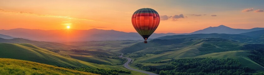 Obraz premium Colorful Hot Air Balloon Soaring Over Rolling Green Hills at Sunset with Majestic Mountain Range in the Background