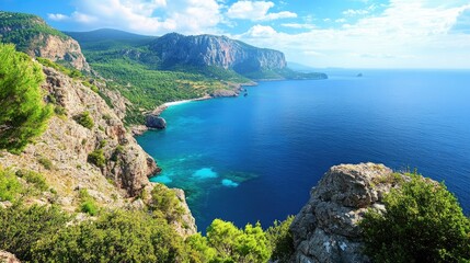 A coastal sea view from a mountain, overlooking blue waters and lush greenery.