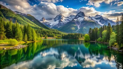 Serene landscape of snow-capped mountains touching the sky, surrounded by lush green forests and a tranquil lake, evoking a sense of peaceful retreat.