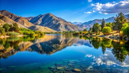 Fototapeta premium Serene Lake Isabella in California's Kern River Valley reflects the surrounding mountains and lush greenery, creating a peaceful atmosphere under a clear blue sky.