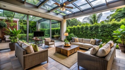 Fototapeta premium Serene outdoor living space with a large screen enclosure surrounding a comfortable patio area featuring lush greenery, outdoor furniture, and a tranquil ambiance.