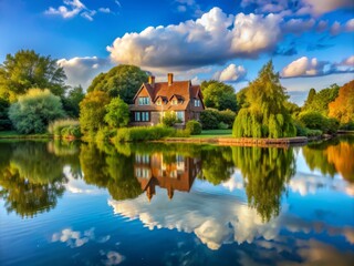 Serene Simpson Manor house stands amidst lush greenery near tranquil Caldecotte Lake in Milton Keynes, England, with a picturesque sky reflected in the lake's calm waters.