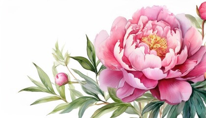 Fototapeta premium Stunning pink peony flower with lush green leaves on a bright background, perfect for botanical illustrations and floral designs.