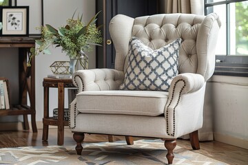 Obraz premium Mid-century-inspired wingback chair in light beige linen with wooden legs, featuring button details, decorative pillows, and a side table with greenery.