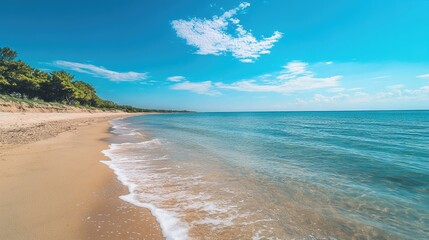 A coastal sea view with blue waters, sandy beaches, and a vibrant blue sky. -