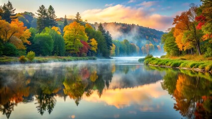 Serene stillwater river scene at dawn with misty fog rolling over calm waters, surrounded by lush green forest and vibrant autumn foliage reflections.