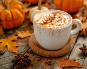 Fototapeta premium Fall themed pumpkin spice latte with cinnamon powder on rustic table with autumn decor