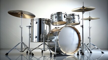 Shiny silver drum set placed on a seamless white background, with sticks lying on the floor, emphasizing the instrument's curves and intricate details.