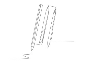 Pencil and two pens. Pencils and pens concept one-line drawing