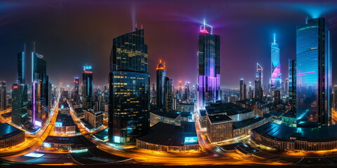 Full 360 degrees seamless spherical panorama HDRI equirectangular projection of A sprawling cyberpunk cityscape. Texture environment map for lighting and reflection source rendering 3d scenes.	
