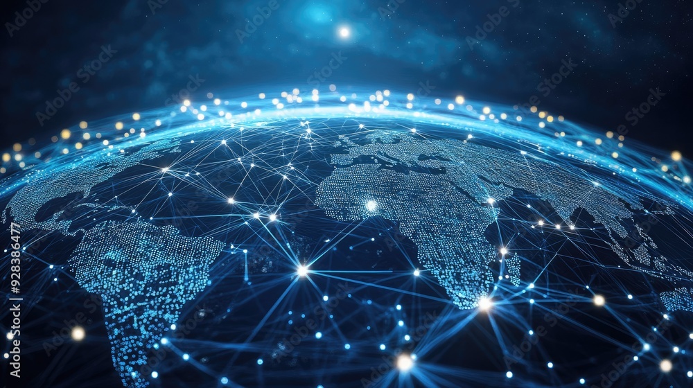 Poster a digital illustration of a global internet network with interconnected nodes and data streams.