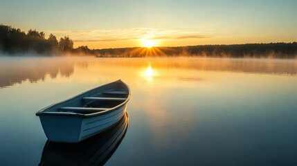 Obraz premium Rowboat on a Misty Lake at Sunrise