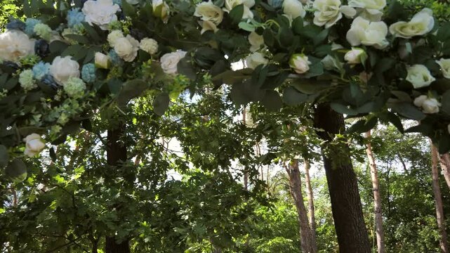 Wedding arch of white roses in the forest before the wedding ceremony of the bride and groom, festive romantic decor in boho style