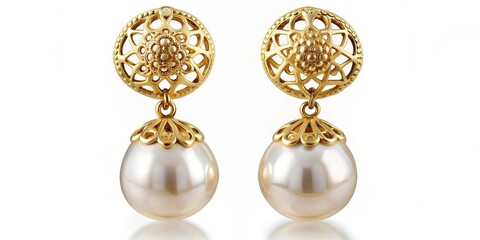 Regal Radiance: Pearl drop earrings with gold vermeil settings, intricate patterns, exuding timeless elegance and refinement.