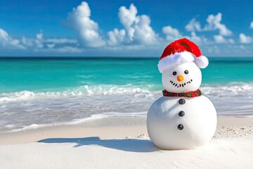 happy snowman on the beach, with a clear blue sky, white sand and ocean in the background