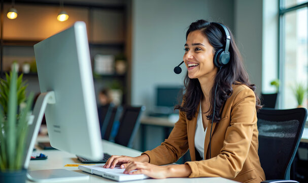 Indian Female Customer Support Representative Smiling While Assisting Clients on Computer