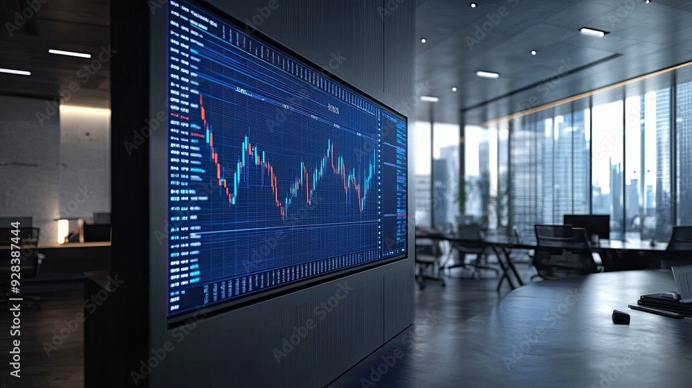 Poster a large display screen showing a rising stock market graph in a modern office environment.