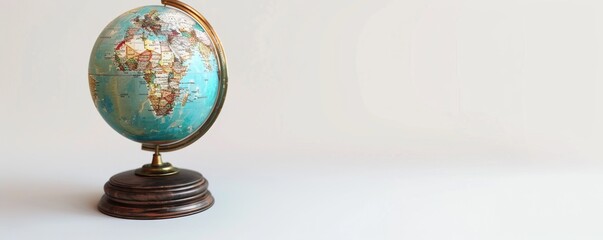 Vintage globe with map details on white background, 4K hyperrealistic photo