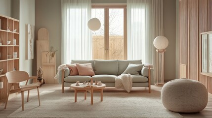 Fototapeta premium A living room with a pastel-colored sofa, light wood furniture, and soft lighting for a calming effect