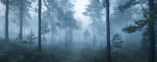 Obraz premium Tall pines in a foggy forest, 4K hyperrealistic photo