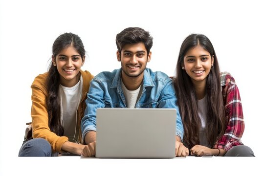 Indian asian college students using laptop isolated against white background, Generative AI
