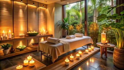 Soothing ambiance of a luxury spa salon, warm candlelight, and gentle massage therapy create a tranquil retreat for rejuvenation and relaxation, calming the senses.