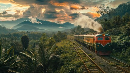 Travelers on a scenic train journey through the countryside, highlighting adventure.