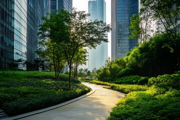 Urban green space with skyscrapers and modern buildings
