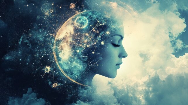 Celestial-inspired digital artwork featuring a woman's profile with zodiac elements and cosmic imagery