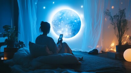 Influencers create astrology content in a cozy setting with a glowing moon backdrop at night
