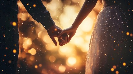 A couple holds hands under a starry background while enjoying a romantic moment at sunset
