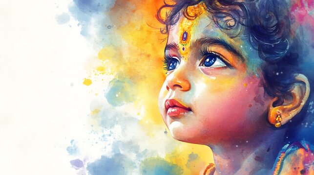 Indian little girl painting in traditional with watercolor
