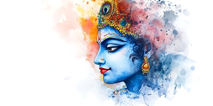 Watercolor illustration of hindu god krishna.