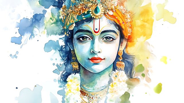 Watercolor illustration of hindu god krishna.